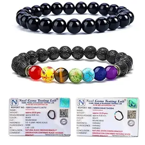 Gemaltic 8MM Natural Healing Crystals Bracelets for Men Women Beaded Bracelets 2PCS (Black Obsidian & 7 chakra)