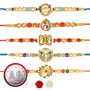 De Marquis Designer Rakhi Combo Set of 5, 1 Pooja Coin, Rakhi for Brother, Roli-Chawal Pack, Greeting Card (5 Different Patterns Rakhis Set)