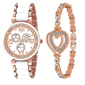 Goldenize fashion White Diamond Dial and Rose Gold Chain Bracelet Stainless Steel Girl and Women Combo Watches