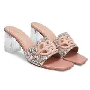 Dollphin Stylish Fancy Trending and Comfort Western Embellished Mules for Women's | Girls Block Heels Sandals (Peach) 4UK