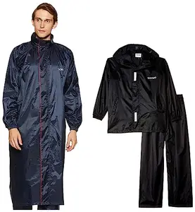 Amazon Brand - Solimo Water Resistant Polyester Long Rain Coat, Blue, Large & Amazon Brand - Solimo Water Resistant Polyester Rain Coat with Pant, Black, XX Large