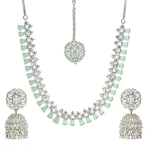 YouBella Jewellery for Women American Diamond Necklace Jewellery Set with Earring and Maang Tikka for Women and Girls (Light Blue)