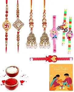Clocrafts Two Bhaiya Bhabhi Rakhi and Four Kids Rakhi Gift Set With Greeting Card and Roli Chawal - 2BB4KS173