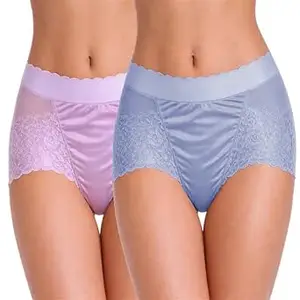 ELEG & STILANCE Women’s High Waist Lace Full Coverage Panty | Seamless Tummy Control Satin Front Brief | Soft Stretch Comfortable Underwear