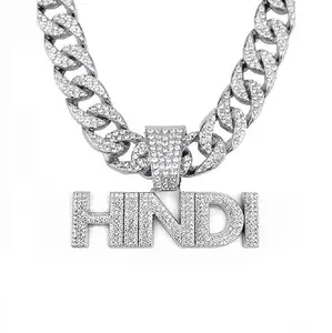 VIEN Men Women Hip Hop Hindi Pendant Necklace Crystal Cuban Chain HipHop Iced Out Bling Necklaces Fashion Jewelry (SILVER)