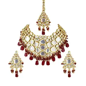 Lucky Jewellery Meenakari 18K Gold plated Maroon color Uncut dibbi Kundan Combo Necklace Set