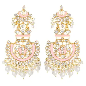 Peora Gold Plated Indian Traditional Jewellery Kundan Pearl Enamel Meenakari Hand Crafted Chandbali Dangle Earrings for Women (Pink)