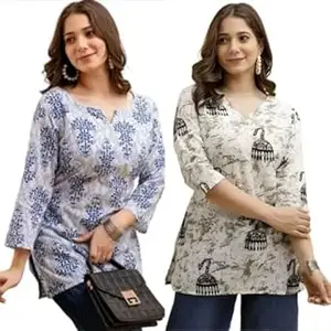 MS VHCK ENTERPRISE Women's Cotton Printed Short Kurti, Round Neck, Three Quarter Sleeve, Straight Fit, Pack of 2