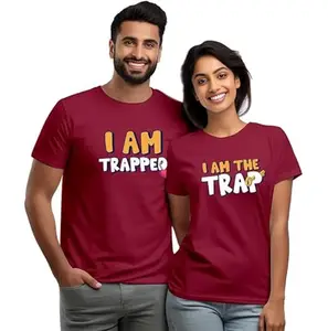 Wear Your Opinion Couple T-Shirt for Couple| Anniversary | Cotton Printed Unisex T-Shirt| Husband Wife Printed T-Shirt | Valentine Printed Unisex T-Shirt (Design: Trapped,M/M-W/L,Maroon)