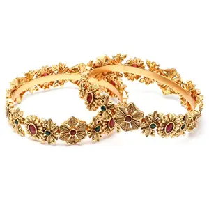 Karatcart Antique Gold Plated Red and Green Stone Floral Set of 2 Bangles for Women