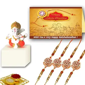 Avirons Trending Rakhi For Brother/Bhai/Bhaiya, Sibling Bond Gift Pack, Elegant Pack 4 Rakhi Threads with Spiritual Ganesh, Ritual Roli Chawal & Greeting Card for Bhai