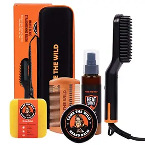 Tame the Wild Premium Beard Straightener Kit - Heated Beard Brush for Men - Beard Grooming Kit Includes Heat Protectant Spray, Beard Soap, Beard Balm, Wooden Comb, and Storage Case - Gift Set