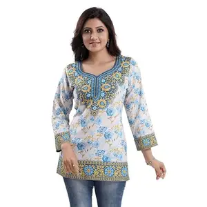 Women's Quarter Sleeve Faux Crepe Printed Short Kurti Tunic Top (Color:White, Size:S)-PID37888