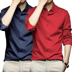 DEELMO Combo of Men's Stylish Solid Satin Casual Shirt for Men Full Sleeves| Poly Satin Silk Shirt Pack of 2