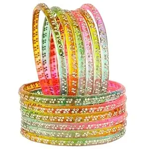 STYOLLO Designer Glass Bangles Set For Women & Girls Studded With Golden Zircon Stone | Stylish Glass Bangle | Fancy Chudi Set | Traditional Women Bangles | Girls Chudi | Fashion Jewellery - Set Of 12