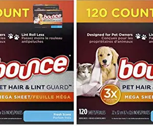 Bounce Pet Hair and Lint Guard Mega Dryer Sheets for Laundry, Fabric Softener with 3X Pet Hair Fighters, Fresh Scent, 240 Count