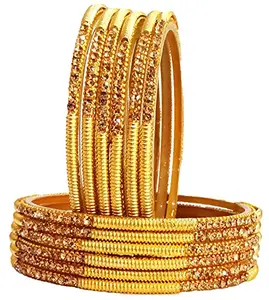 T4 Jewels (2.10 & 2.12 Size) Designer Golden Zircon & Stones Studded Beautiful Glass Bangles Set for Women & Girls - (Set of 12)_Studded Golden_2.12