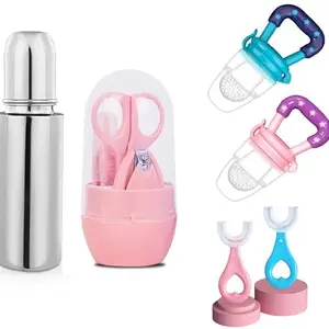 RB POINT New Baby Products Kit with Nail Cutter & Premium Stainless Steel Baby Feeding Bottle, Ultimate Baby Food Feeder & Baby Soft Silicone Tooth Brush(2 PC)