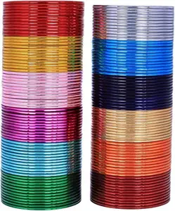 JewarHaat Bangle Multi-Color Collection Plane Glossy Metal Glaze Vintage Textured Colors Golden Glitters Colorful Fashion Metal Jewelry Bracelets Set of 12 * 12=144 Piece for Women & Girls (2.8)