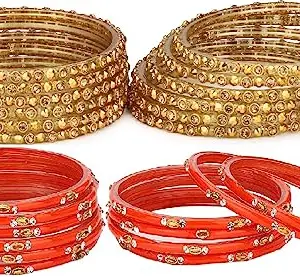 AFAST Combo Of Party & Wedding Colorful Glass Bangle/Kada, Pack Of 24, golden,orange