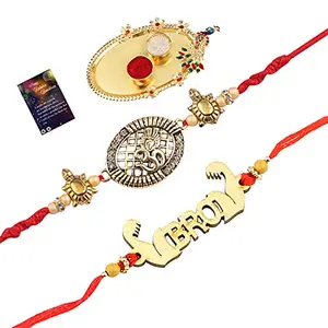 Stylish Bhaiya Rakhi " BRO" Designer Pendent With Designer Look "OM" Rakhi Combo For Bhaiya With Roli Chawal And Greeting Card 1 Kankawati Pooja Thali -116