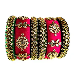 Blue jays hub Silk Thread Bangles New kundan Style Red Color Set of 6 for Women/Girls (Green and pink, 2.6)