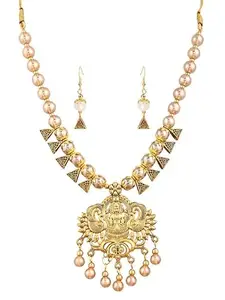 Oxidised Golden-Toned Beads Choker Necklace Set for Women - Traditional Laxmi Design Jewelry for Weddings and Festive Occasions