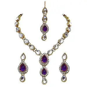 Lucky Jewellery Traditional Purple Green Color Gold Plated Kundan Necklace Set for Girl & Women (MSK-1-LINE2-P)