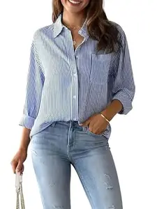 AREAL FASHION Women's Striped Puff Sleeve Peplum Top, V-Neck, Gathered Waist, Casual Summer Blouse