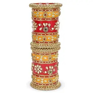 BRIDAL GARNISH "Regal Rajwada Style Chura: Seven Color Splendor with Kundan Handwork, Red Kada, and Bangles (Yellow, 2.8) For Women