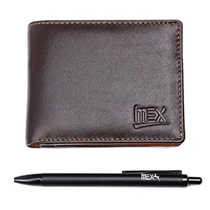 IMEX Combo of Brown Inside Tan Genuine Leather Wallet with Black Slim Pen