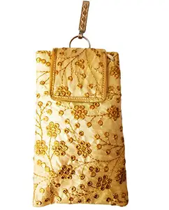 Cloudreteil Avanti Creation Golden Embroidered Mobile Pouch Cover Purse Wallet With Waist Clip And Sling Belt For Saree