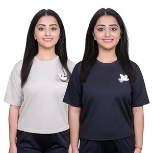 BABOSA FEB Round Neck Half Sleeve Regular Fit Crop Top Combo for Women and Girls | Crew Neck Short Sleeve Casual Tshirt Set for Woman's, Cream+Black-M