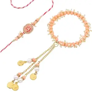 Floweraura Premium Handcrafted Elegant Peach & Pearl Bhaiya Bhabhi Rakhi With Roli Pack - Rakhi For Bhai, Bhaiya, Bhabhi, Sister-In-Law & Rakshabandhan Gift (Same Day Delivery)