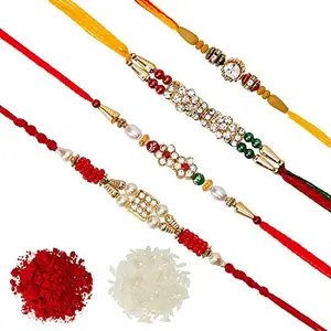RASHRI ; One For All Pack of 4 Rakhi for Men with Roli Chawal Tilak - AD Ring With Wooden Beads & Red Green Beads