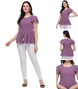 Generic ARINI Fashion Beautiful New Trending Purple Color Umbrella Cut Georgette Women's Top Solid Design only top (XXL)