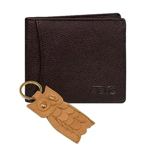 ABYS Genuine Leather Men's Coffee Brown Wallet with Leather Owl Keyring Combo