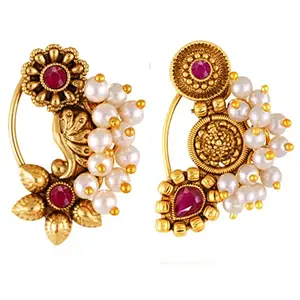 VFJ VIGHNAHARTA FASHION JEWELLERY Vighnaharta Golden Moti Pearls Nath Nathiya nose pin Gold Plated Alloy two Nose Ring valentine day gift valentineday gift for her gift for him gift for women gift for woment[VFJ1180-1176NTH-Press-Red]