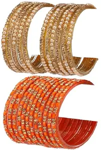 Somil Combo Of Wedding & Party Colorful Glass Kada/Bangle, Pack Of 24, Golden,Orange