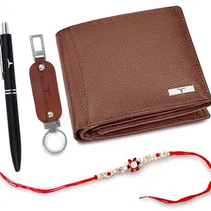URBAN FOREST Rakhi Gift Hamper for Brother - Redwood Men's Leather Wallet, Redwood Keyring, Black Pen and Rakhi Combo Gift Set for Brother - 4701R