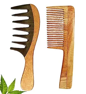 Rufiys Wide Tooth Curly Hair Neem Wooden Comb for Women & Men Detangling Hair Growth Anti Dandruff
