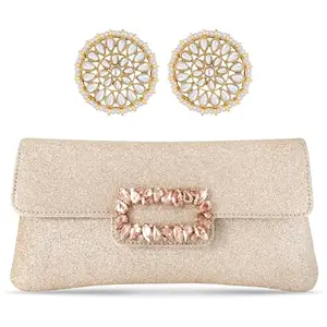 Peora Combo of Kundan Pearl Round Earrings & Rose Gold Clutch Purse for Women Girls|Jewelry for Wedding Party Evening|Bridal Ethnic Handbags