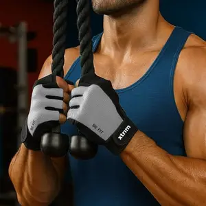 XTRIM Men Gym Gloves, Grey Non Slip Grip Training Gloves with Padded Palm & Wrist Support Nylon Cotton Blend Gloves for Gym Workout, Weightlifting, Dumbbells & Home Fitness Equipment, Extra Large