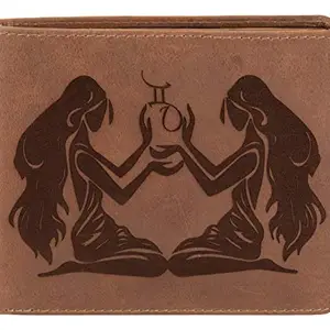 Karmanah Gemini Zodiac Sign Engraved Genuine Leather Wallet with Flap and RFID Protection (Grey)