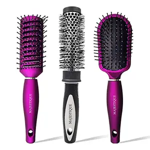 Majestique Detangling, Vent, and Blow Dry Hair Brushes | 3-Piece Professional Hair Brush Set for Women & Girls | For All Hair Types – Multicolor