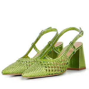 SaintG Womans Green Metallic Hand Woven Leather Block Heels