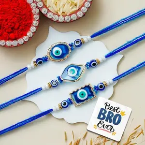 eCraftIndia Set of 3 Evil Eye Rakhis | Best Bro Ever Fridge Magnet | Roli Chawal Pack | Evil Eye Rakhi for Brother Bhaiya Bhai Bhabhi Kids