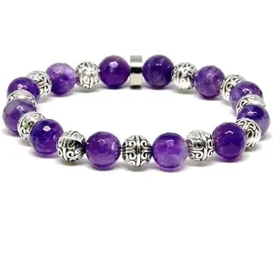Lady Works Natural Amethyst 10mm Round Shape Faceted Cut Beads 8 Inch Stretchable Bracelet For Men & Women. Unisex Bracelet For Healing, Meditation, Prosperity, Gift & Luck|LW_BRST_00329_8.0
