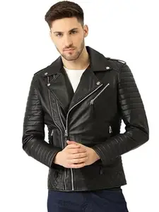 Leather Retail Men’s Black Leather Biker Jacket – Quilted Slim Fit Motorcycle Style with Zipper Pockets