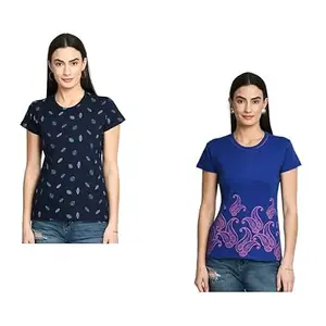 IndiWeaves Women Cotton Bottom and Allover Printed Half Sleeve T-Shirts (Pack of 2) Dark Blue::Blue